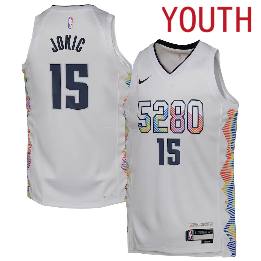 Youth Denver Nuggets #15 Nikola Jokic Nike White City Edition 2024-25 Swingman Player NBA Jersey